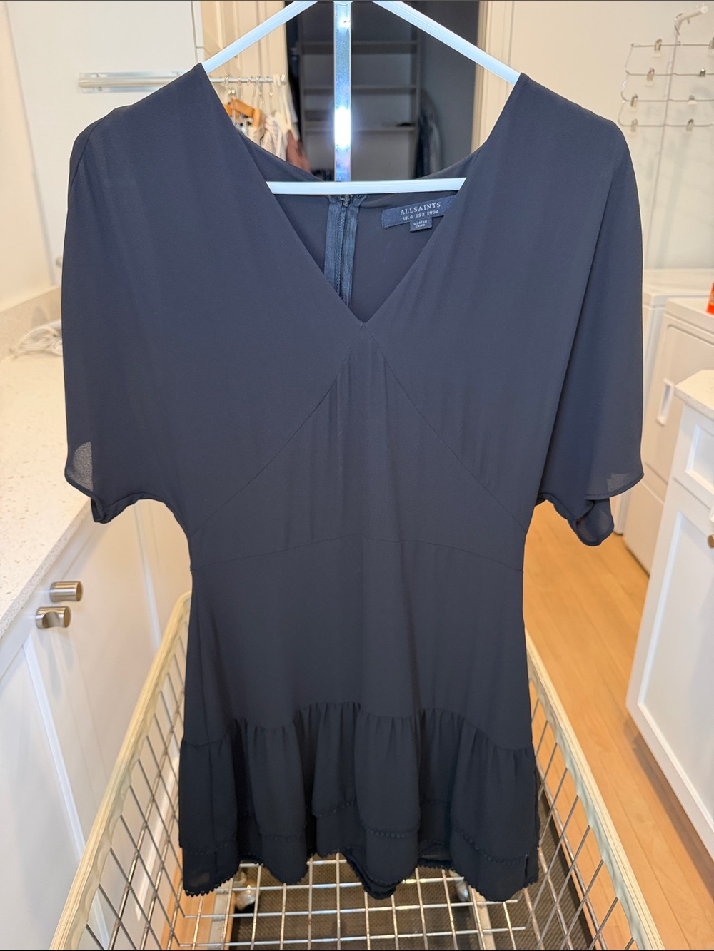 All Saints Black V-Neck Tiered Mini Dress with Flutter Sleeves